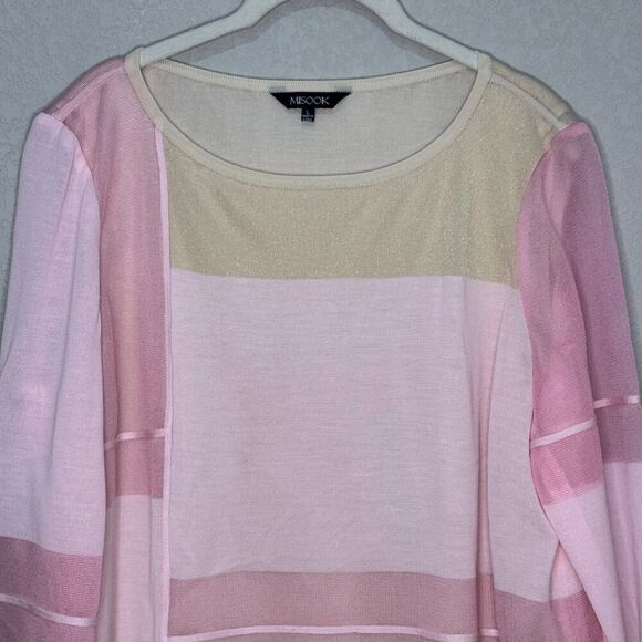 MISOOK Sweater Size Large Pink Sparkle Colorblock 3/4 Sleeve Lined - Picture 3 of 9